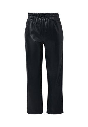 Zwarte faux leren joggerbroeken met een elastische tailleband, koord, zijzakken en een losse pasvorm. Glad textuur, cropped lengte.