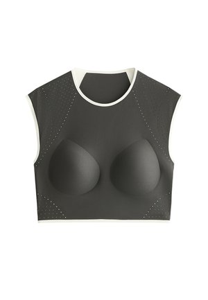 Black cropped top with cap sleeves, featuring molded cups and perforated pattern on sides; trimmed with contrasting white neckline and armholes.
