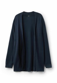 Cárdigan azul marino oscuro, de apertura frontal, con mangas largas, hecho de un suave tejido de punto, con un ajuste relajado y puños acanalados. Diseño minimalista.