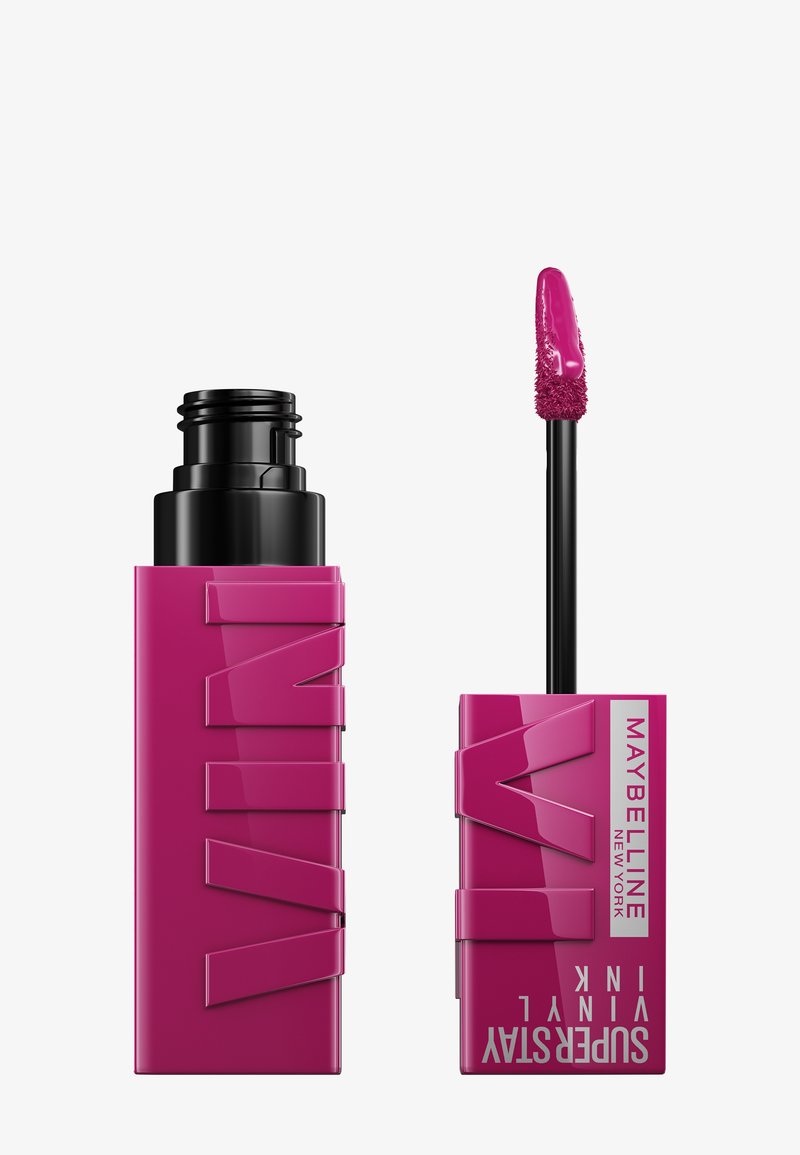 Maybelline SuperStay Vinyl Ink in vibrant pink packaging. Features a black applicator wand with a soft, angled tip for precise application.