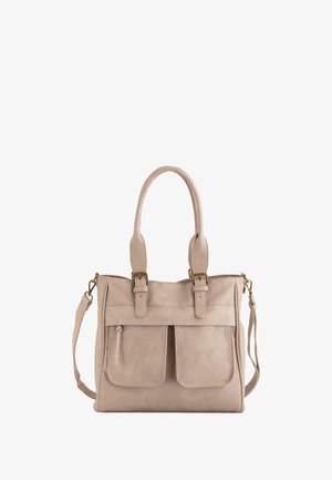 Beige Leder-Handtasche mit doppelten Griffen, abnehmbarem Schultergurt, zwei Fronttaschen und goldfarbener Hardware. Glatte Textur, strukturierte Form.