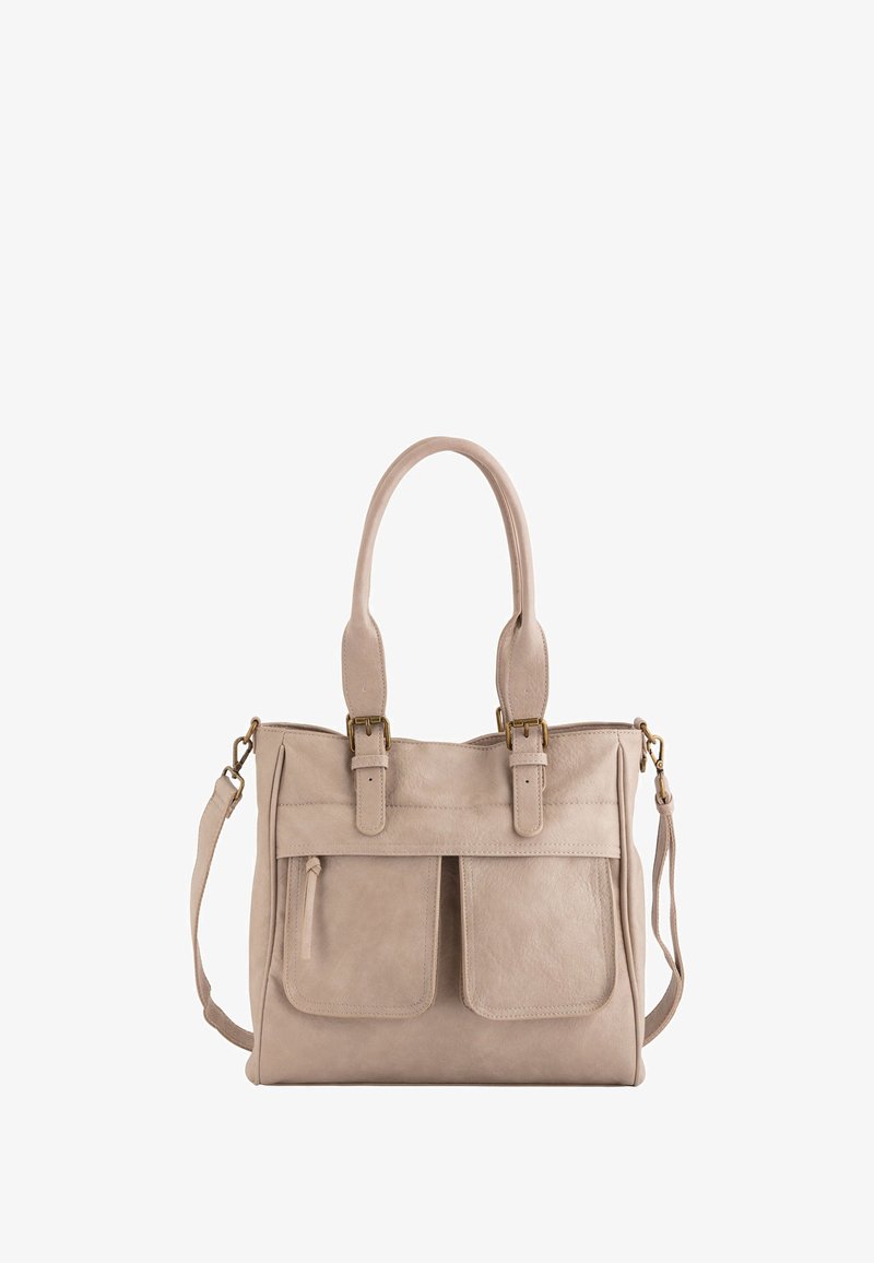 Geantă de piele bej cu mânere duble, curea de umăr detasabilă, două buzunare frontale și accesorii de culoare aurie. Textură netedă, formă structurată.