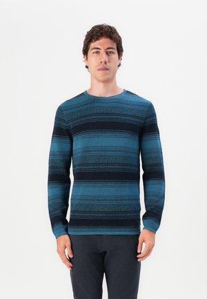 Blå og svart stripete langermet genser med rund hals og teksturert stoff, båret av en modell mot en enkel hvit bakgrunn.