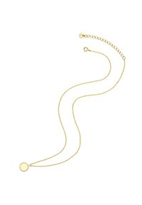 Zlata verižica za vrat z okroglo obeskom. Verižica je nežna, z zapenjalom in nastavljivo dolžino, ki prikazuje poliran in odbojen zaključek.