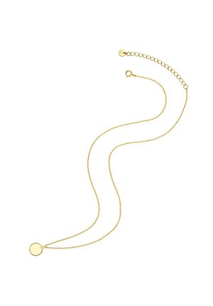 Eine goldene Kettenhalskette mit einem runden Anhänger. Die Kette ist zart, mit einem Verschluss und verstellbarer Länge, und präsentiert ein poliertes, reflektierendes Finish.