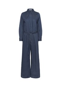 Temno modra denim jumpsuit z dolgimi rokavi, širokimi hlačami, sprednjim pasom, ovratnikom in skrito zadrgo.