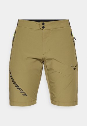 Khaki krátke nohavice z ľahkého materiálu, s čiernym pásom, dvomi bočnými vreckami so zipsom a logom na ľavom stehne.