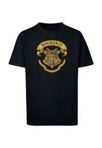 Mustmustükk mustast puuvillast, millel on mitmevärviline Hogwarts'i vapp koos kuldsete aktsentide ja tekstiga, lühikesed varrukad ja ümmargune kaelus.