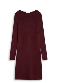 Burgundy ribattu kudum dressi, joka on venepäänti ja pitkät hihat. Siin�ä on teksturoituja pystysuoria viivoja ja hieman levenevä helma.