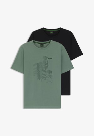 Two t-shirts: one olive green with a graphic design and text "BOSS," and one solid black, both with crew necks and short sleeves.