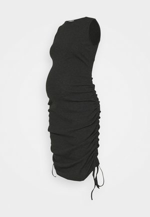 Vestido de maternidade em cinza-escuro, sem mangas, com uma silhueta ajustada. Apresenta pregas laterais e tiras ajustáveis na bainha para um ajuste personalizável.