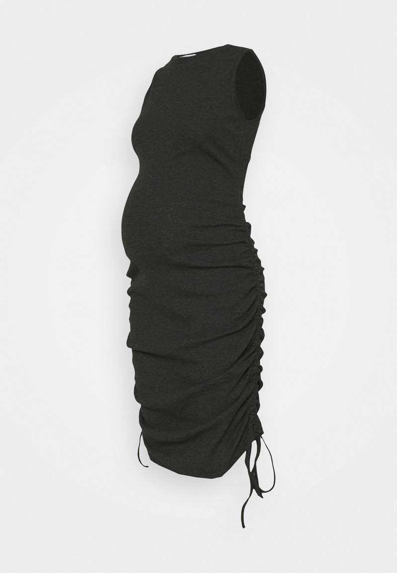 Vestido de maternidade em cinza-escuro, sem mangas, com uma silhueta ajustada. Apresenta pregas laterais e tiras ajustáveis na bainha para um ajuste personalizável.