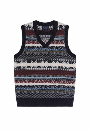 Knit sleeveless vest featuring a V-neck design. Colors include navy, burgundy, cream, and blue with geometric patterns throughout.