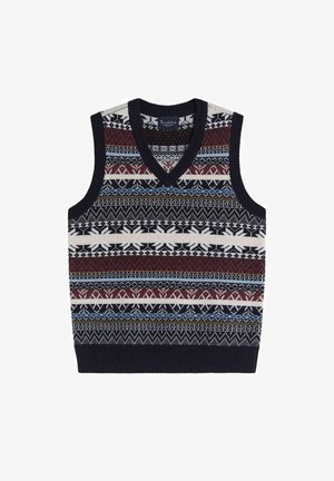 Knit sleeveless vest featuring a V-neck design. Colors include navy, burgundy, cream, and blue with geometric patterns throughout.