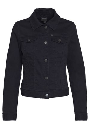 Veste en denim noire avec fermeture à boutons sur le devant, deux poches poitrine à rabats avec boutons, manches longues et col classique.