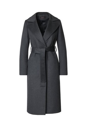 Szary wełniany płaszcz z paskiem w talii, klapami i długimi rękawami. Materiał ma miękką teksturę z gładką podszewką.
