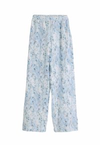 Pantalons larges à motifs bleu clair avec une taille élastique, présentant un design floral et des lignes verticales, fabriqués à partir d'un tissu doux.