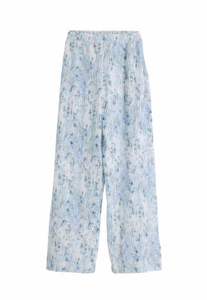Pantalons larges à motifs bleu clair avec une taille élastique, présentant un design floral et des lignes verticales, fabriqués à partir d'un tissu doux.