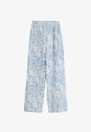 Pantaloni a gamba larga di colore azzurro chiaro con una fascia elastica in vita, caratterizzati da un motivo floreale e linee verticali, realizzati in un tessuto morbido.
