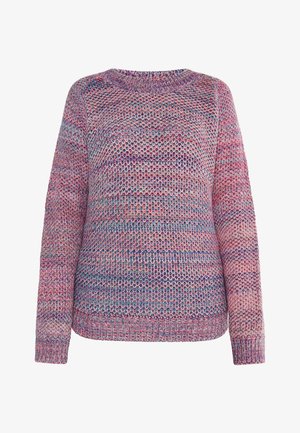 Gebreide trui in roze tinten met blauwe accenten, met een ronde hals, lange mouwen en een textuurpatroon door het hele kledingstuk. Dikke ribbelrand.