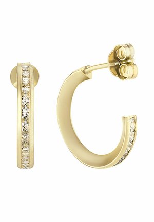 Goldene Creolenohrringe mit einer Reihe klarer Steine an der Vorderkante; glatte Oberfläche und ein sicheres Steckverschlussdesign.