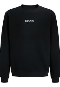 Zwarte sweatshirt van zacht materiaal. Bevat een ronde hals, lange mouwen, geribbelde manchetten en een witte "JACK & JONES" logo op de voorkant.