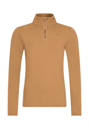 Ruskea pitkähihainen neule, jossa on korkea kaulus ja puoliväli vetoketju. Sileä pinta ja logotieto kaulan lähellä. Yksinkertainen ja muotoiltu malli.