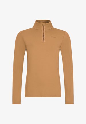 Ruskea pitkähihainen neule, jossa on korkea kaulus ja puoliväli vetoketju. Sileä pinta ja logotieto kaulan lähellä. Yksinkertainen ja muotoiltu malli.