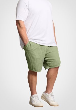 Mężczyzna w jasnozielonych szortach, białej koszulce i białych trampkach, z rękami w kieszeniach szortów, stoi na jednolitym tle.