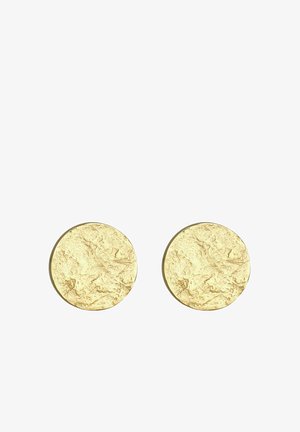 Gold-toned circular stud earrings with a textured surface, featuring a slightly raised, uneven pattern for added dimension.