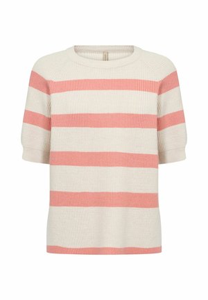 Striped sweater with short sleeves. Cream base and coral pink stripes. Ribbed texture and round neckline. Casual fit.