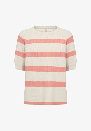 Striped sweater with short sleeves. Cream base and coral pink stripes. Ribbed texture and round neckline. Casual fit.