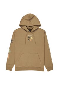 Brown hoodie with a kangaroo pocket, logo at the chest, and colorful graphic designs on the sleeves, featuring various shapes and colors.