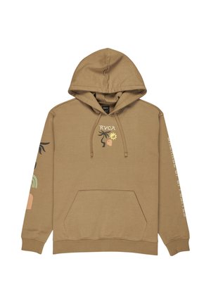 Brown hoodie with a kangaroo pocket, logo at the chest, and colorful graphic designs on the sleeves, featuring various shapes and colors.