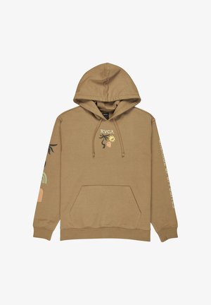 Brauner Hoodie mit Kängurutasche, Logo auf der Brust und bunten grafischen Designs auf den Ärmeln, die verschiedene Formen und Farben zeigen.