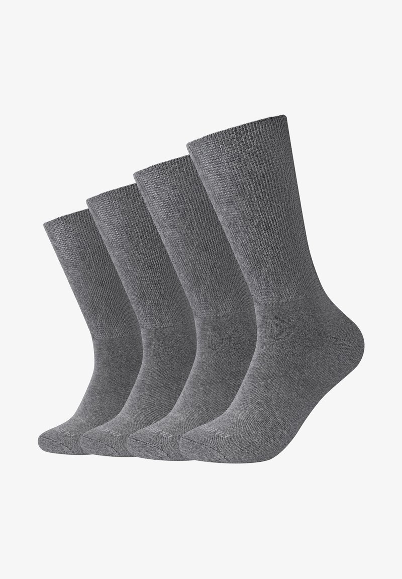 Gray cotton socks, ribbed texture, mid-calf length, displaying a smooth finish with reinforced toe and heel areas. Pack of four.