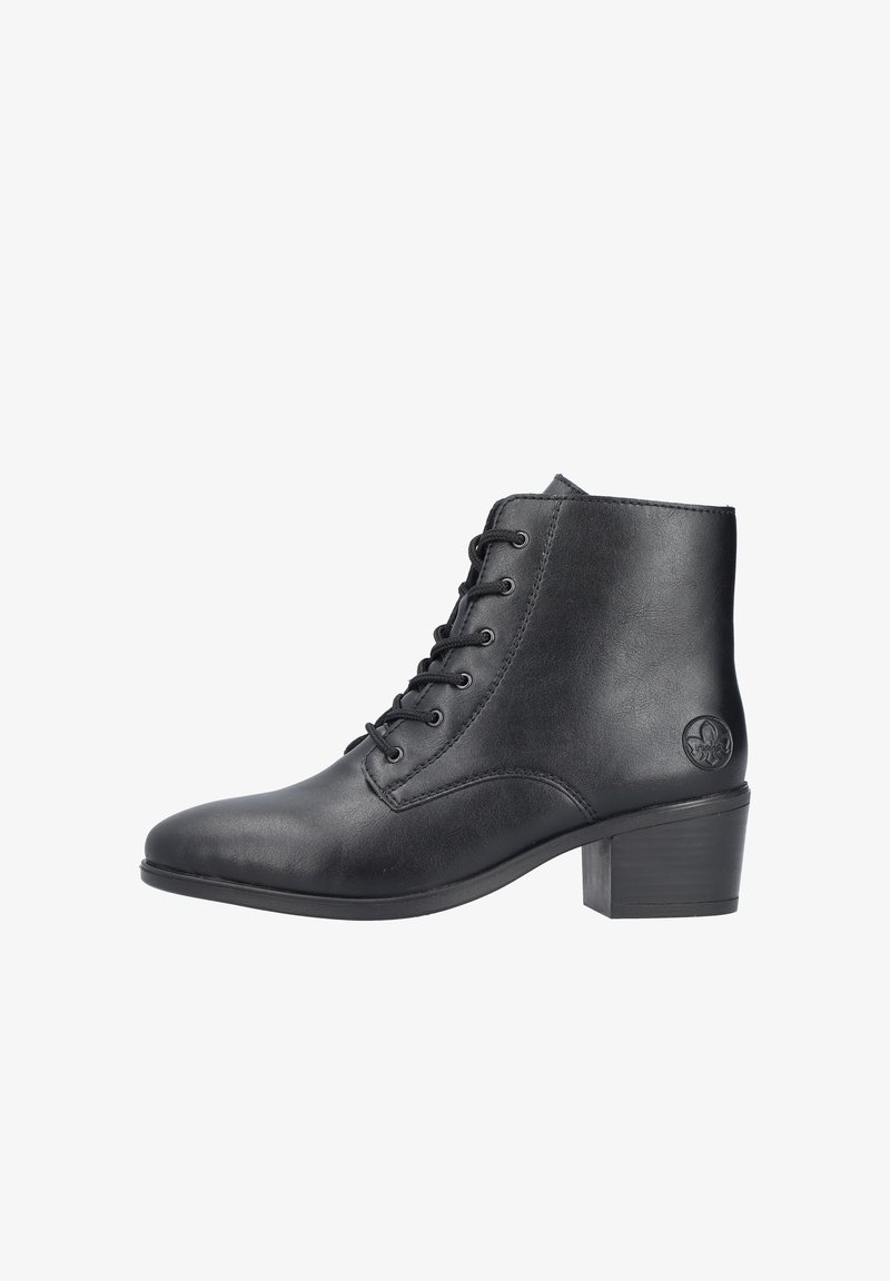 Bottines noires à lacets en cuir lisse, avec un bout arrondi, un petit talon commodité et un accent logo circulaire sur le côté.
