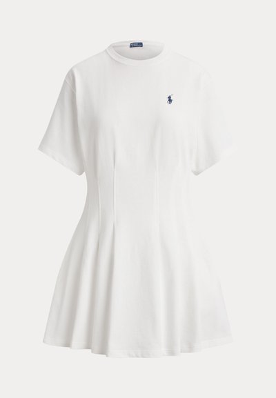 White short-sleeve dress with round neck and small navy blue embroidered logo on upper left chest.