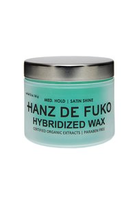 Hybridized wax in a clear glass jar with a silver metal lid, featuring black text on a gradient teal background. Paraben-free, 2 oz.