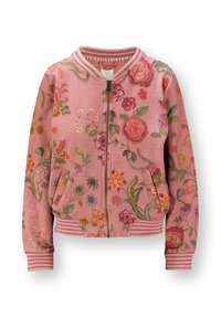 Pink bomber jacket with floral embroidery, zip front, ribbed cuffs and hem, side pockets, and vertical striped accents.