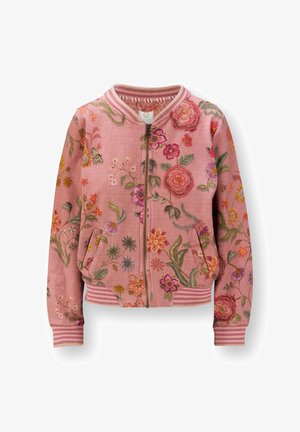 Roze bomberjack met bloemenborduursel, ritssluiting aan de voorkant, ribgebreide manchetten en zoom, zijzakken en verticale gestreepte accenten.