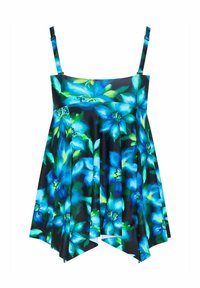 Jurk met spaghettibandjes, blauwgroen bloemenpatroon, nauwsluitend lijfje en uitlopende wikkelzoom op een zwarte achtergrond.