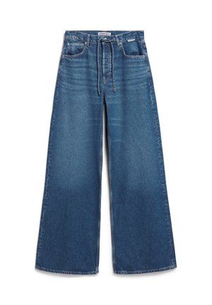 Pantaloni in denim blu a gamba larga con vita alta, chiusura con cordino e sfumature delicate. Realizzati in denim resistente con il classico design a cinque tasche.