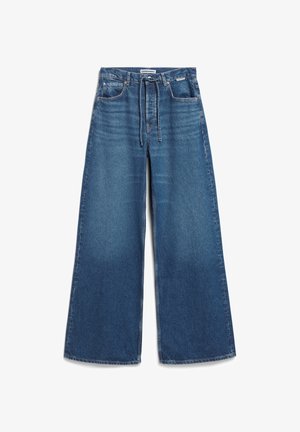 Brede blauwe denim broek met een hoge taille, trekkoordsluiting en subtiele vervaging. Gemaakt van stevig denim met een klassiek vijf-pocket ontwerp.