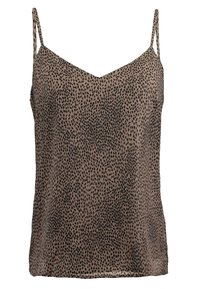 Brązowy top na ramiączkach z cienkimi paskami, z czarnym nieregularnym wzorem kropek na całej powierzchni materiału.