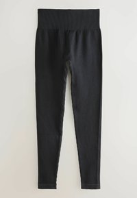 Sorte ribbede leggings med en bred talje, der har en glat tekstur og en tætsiddende pasform, der strækker sig til ankellængde.