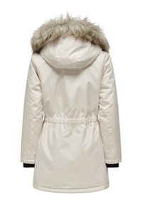 Crème-kleurige winterjas met een capuchon van nepbont, een ton sur ton taille en zwarte gebreide manchetten. Glad, glanzend materiaal met een ontspannen pasvorm.