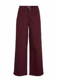 Pantaloni larghi bordeaux in denim, con due tasche frontali, chiusura con bottone e una texture liscia.