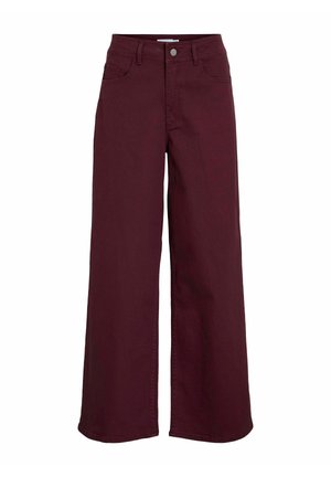 Pantalons larges bordeaux en denim, dotés de deux poches avant, d'une fermeture à bouton et d'une texture lisse.