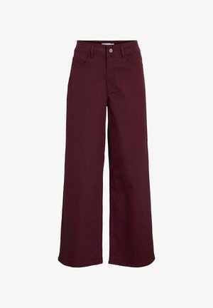 Bordowe szerokie spodnie z denimu, z dwoma przednimi kieszeniami, zapięciem na guzik i gładką teksturą.